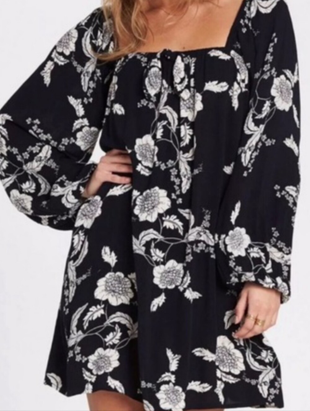 Billabong Black and White Floral Long-Sleeve Dress Boho